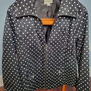 Studio Works Women's Black Polka Dot Cotton Blend Jacket XL Full Zip Funnel Neck